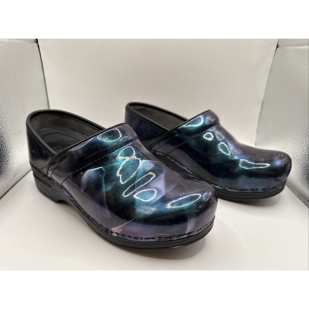 Dansko Professional‎ Clogs Womens 37 Black Iridescent Patent Shoes Purple Green